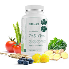 SUBSTANCE Sustenance daily greens and fruits supplement bottle on white background