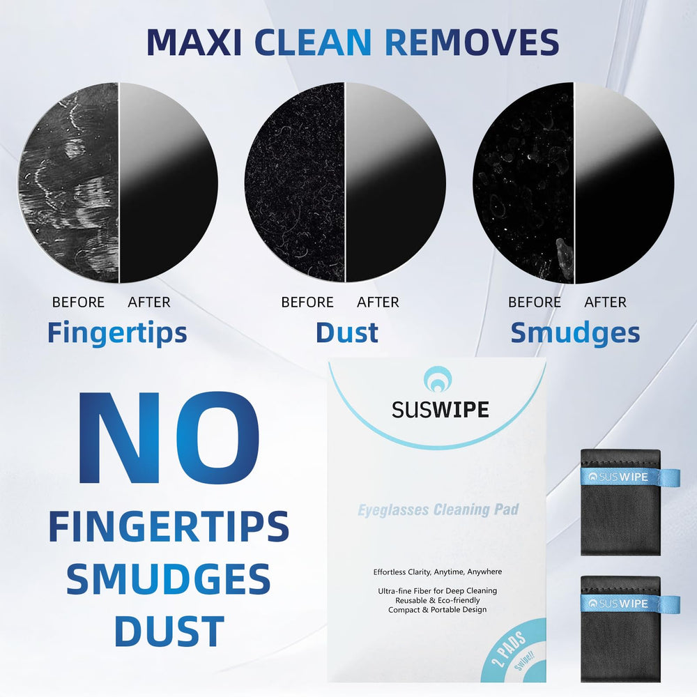 Person using SusWipe to wipe eyeglasses