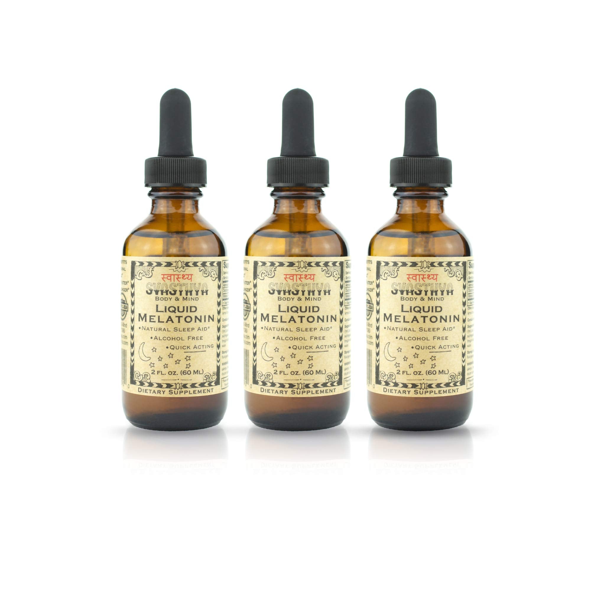Svasthya Liquid Melatonin bottles with 3-pack packaging