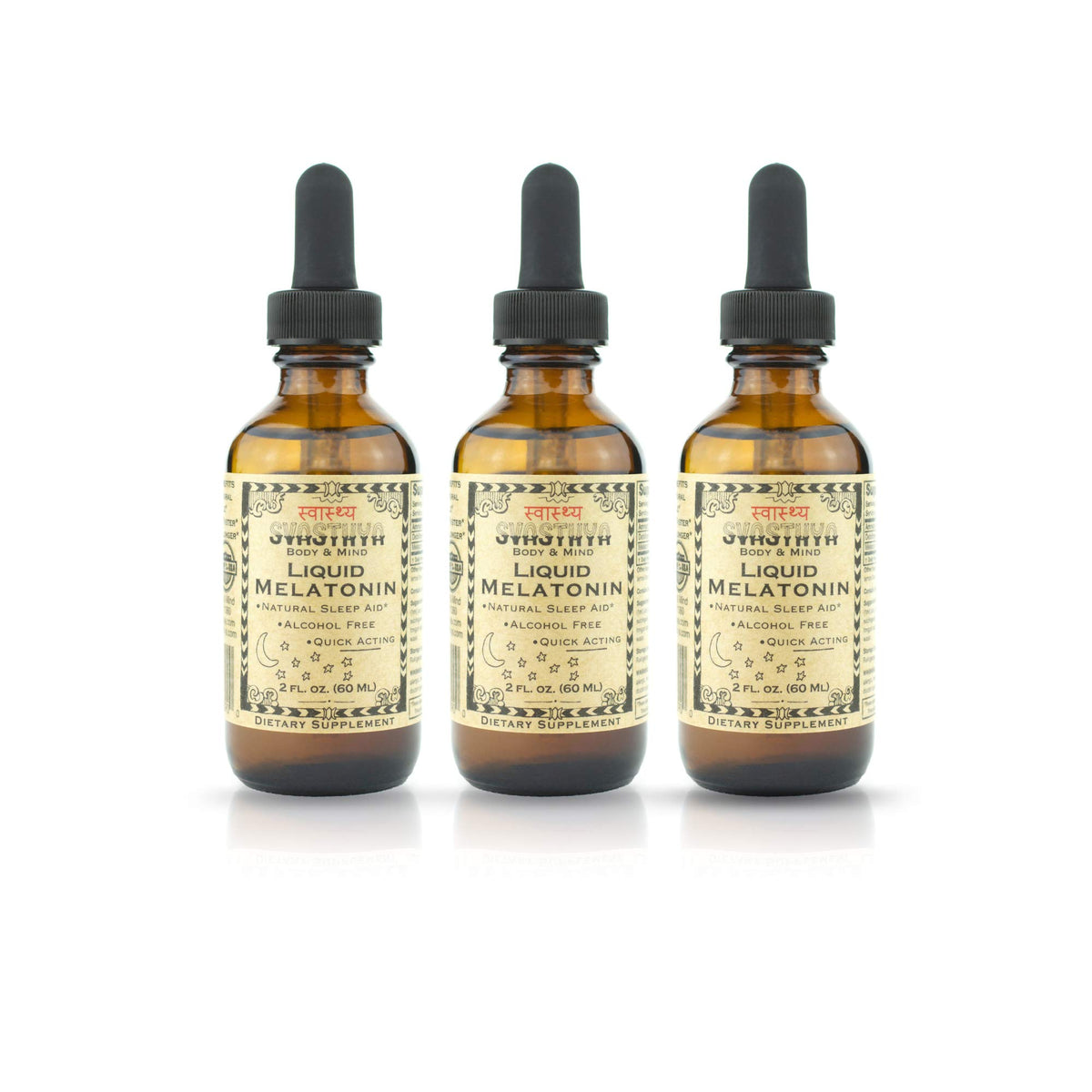 Svasthya Liquid Melatonin bottles with 3-pack packaging