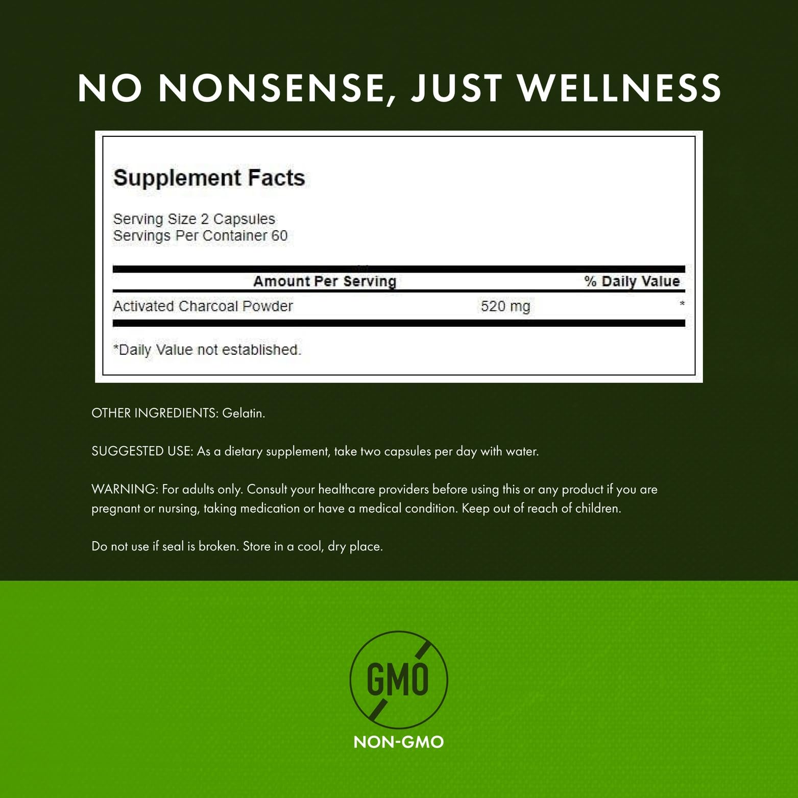 Close-up of Swanson Activated Charcoal bottle front label