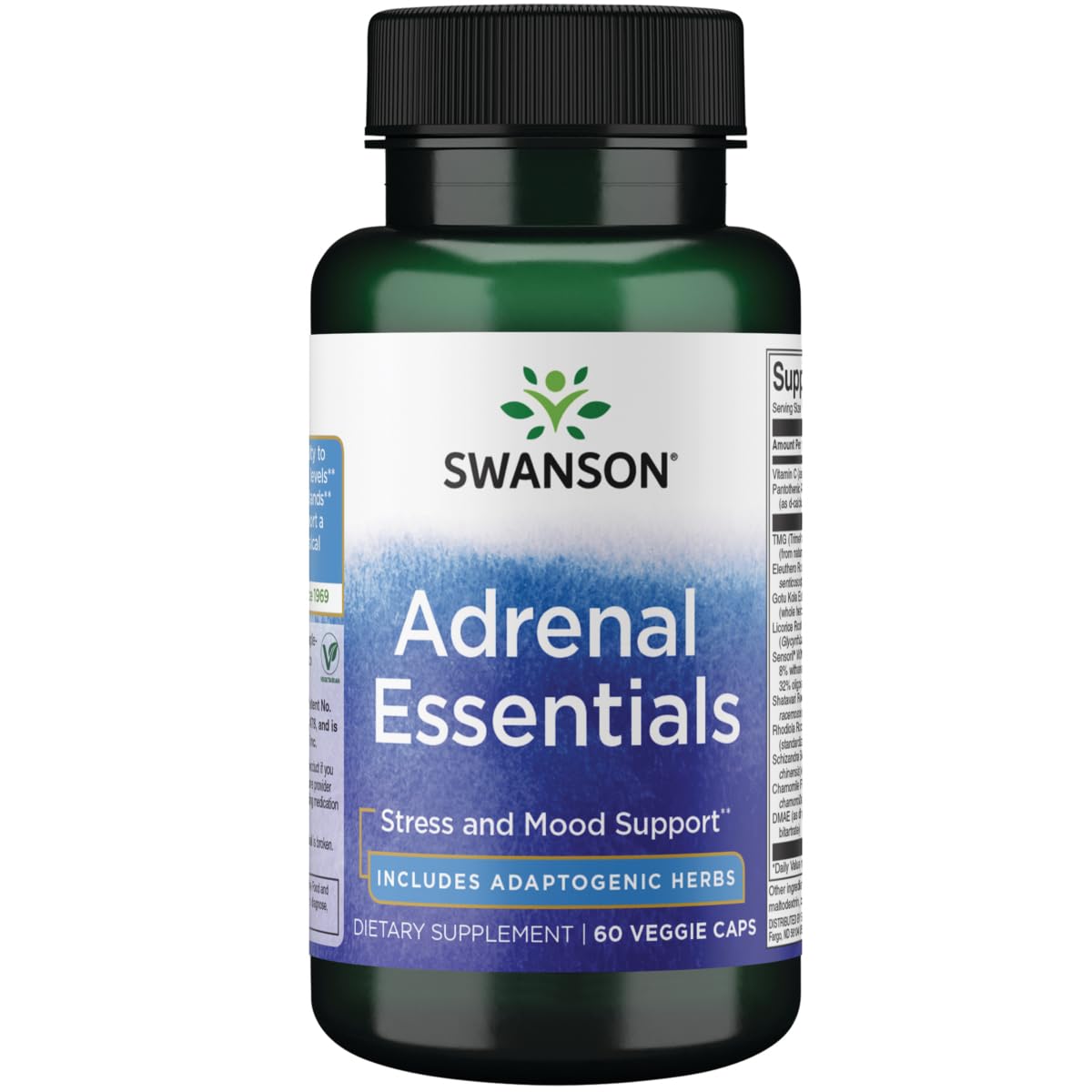 Front view of Swanson Adrenal Essentials 60 Veg Capsules bottle