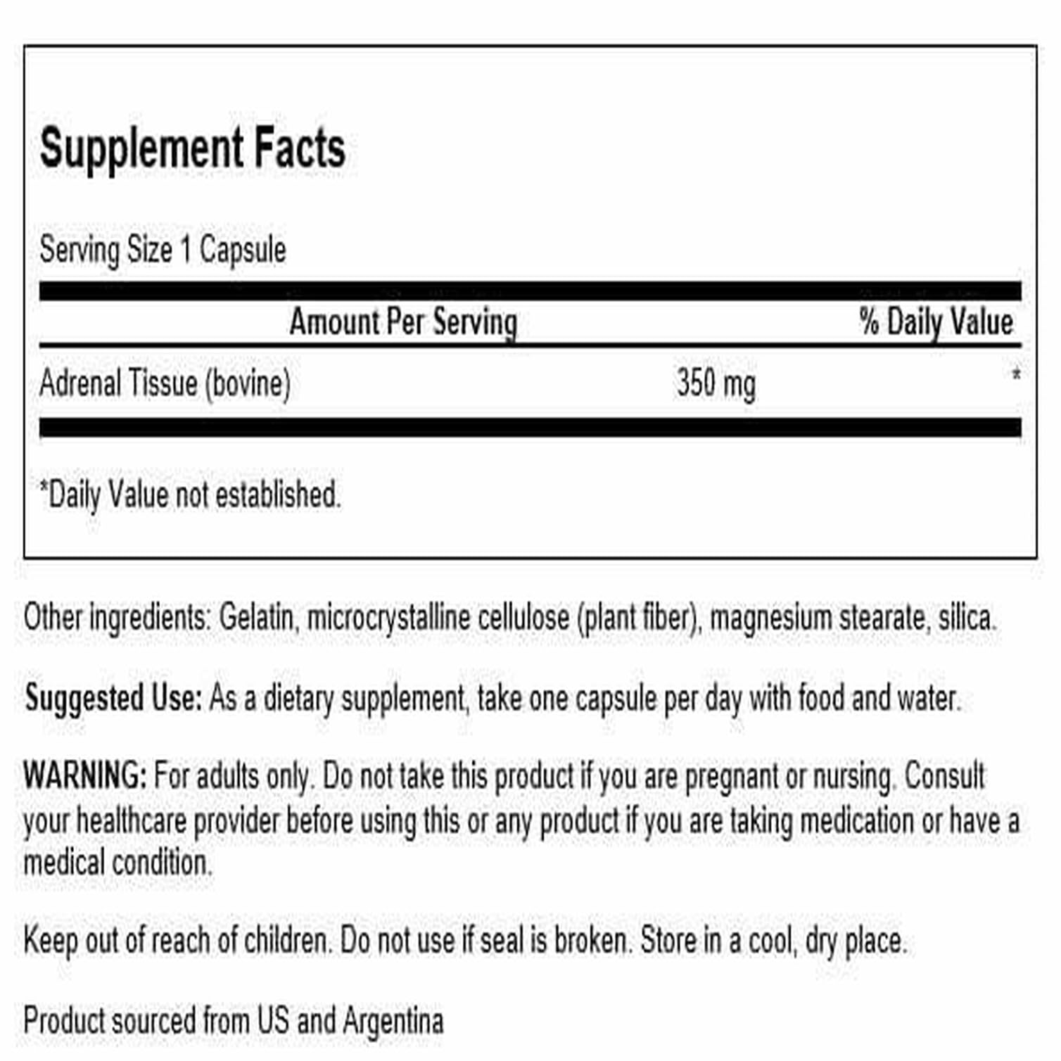 Close-up of Swanson Adrenal Glandular 350 mg label