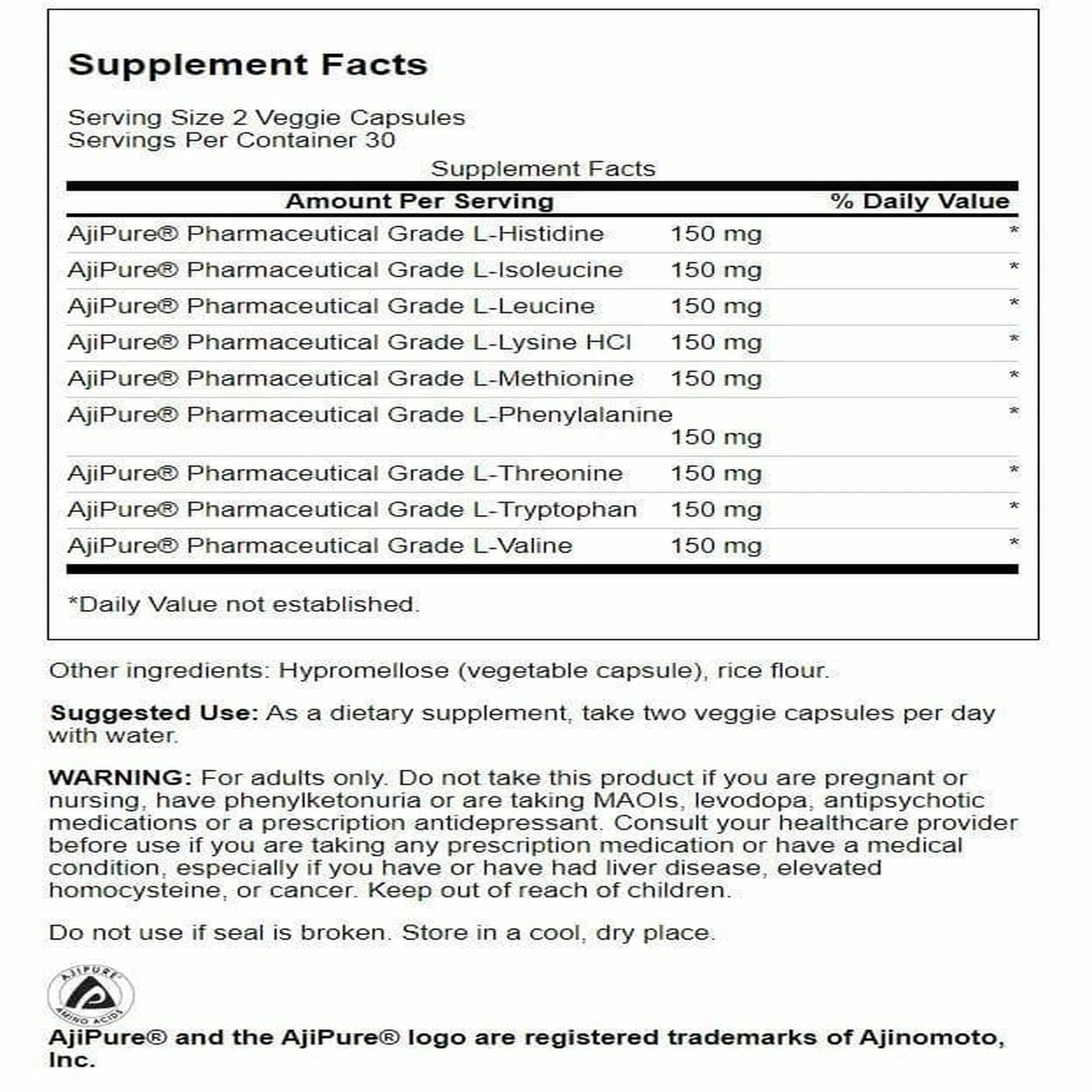 Ingredients list for Swanson Ajipure 9 essential amino acids formula