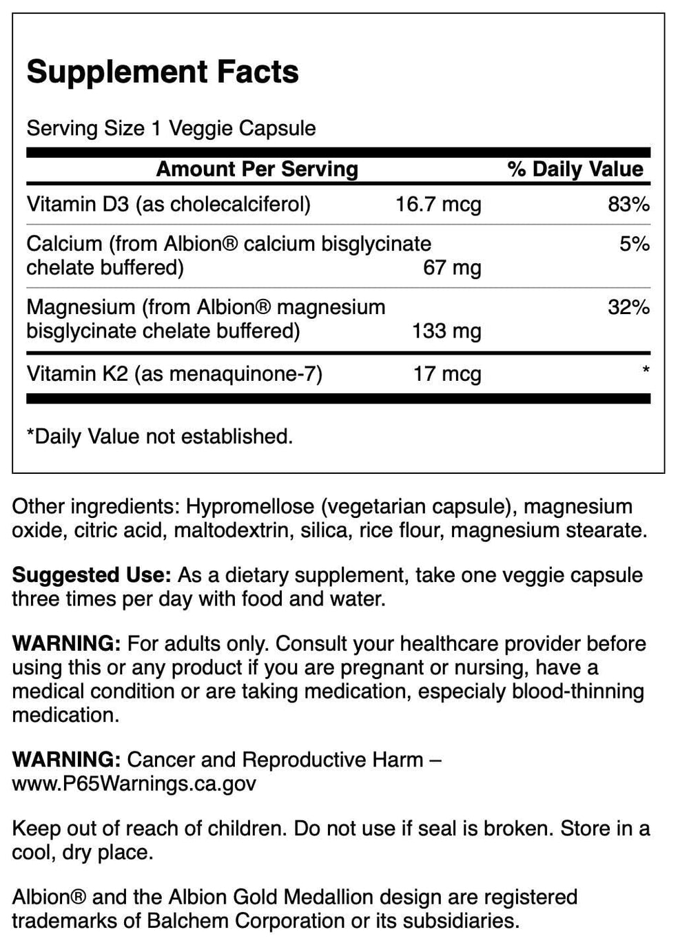 Label of Swanson Albion Chelated Magnesium & Calcium 2:1 with Vitamin D3 and K2