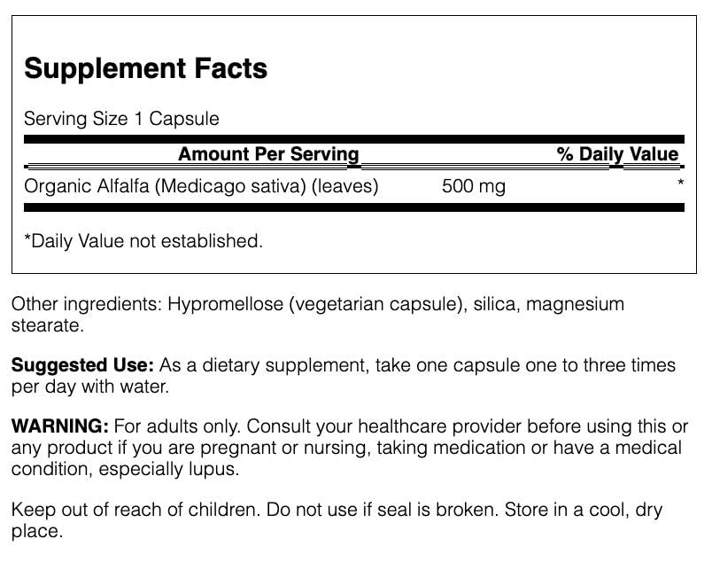 Front view of Swanson Alfalfa 500 mg bottle label