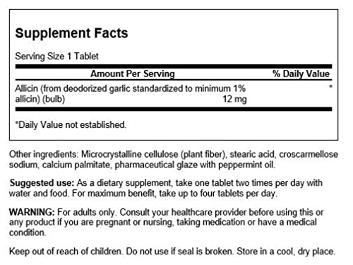 Swanson Allicin 100 tabs pack shot illustrates daily dosage for everyday wellness.