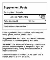Product label for Swanson Alpha Lipoic Acid 100 mg