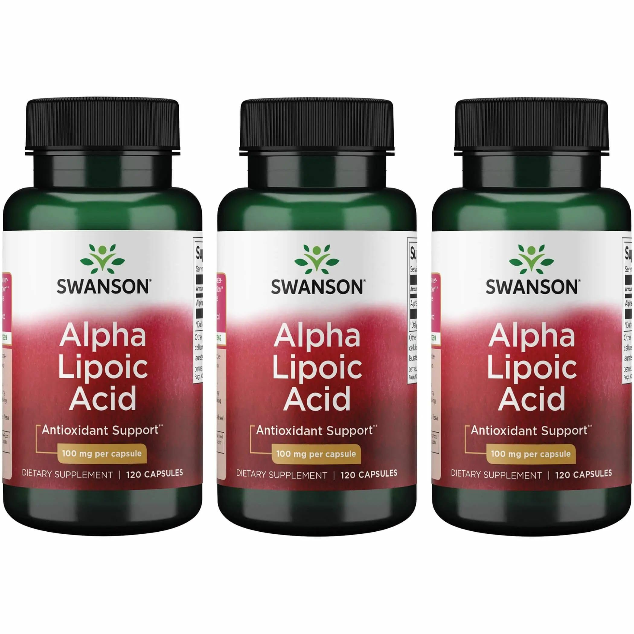 Front view of Swanson Alpha Lipoic Acid 3-pack bottle