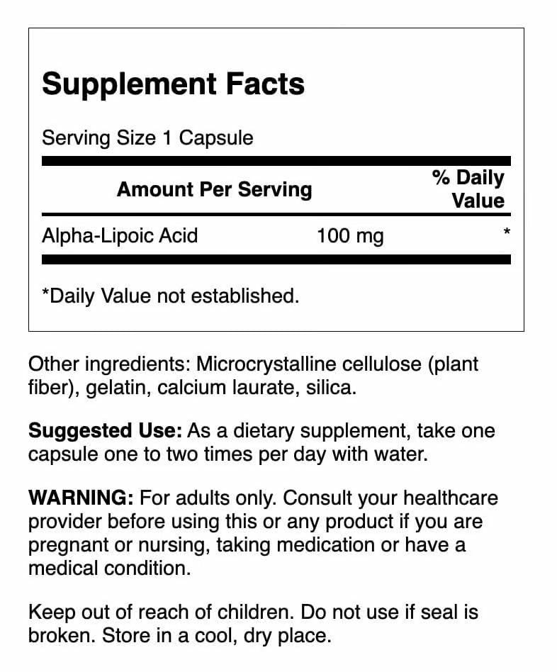 Swanson Alpha Lipoic Acid 100 mg label close-up