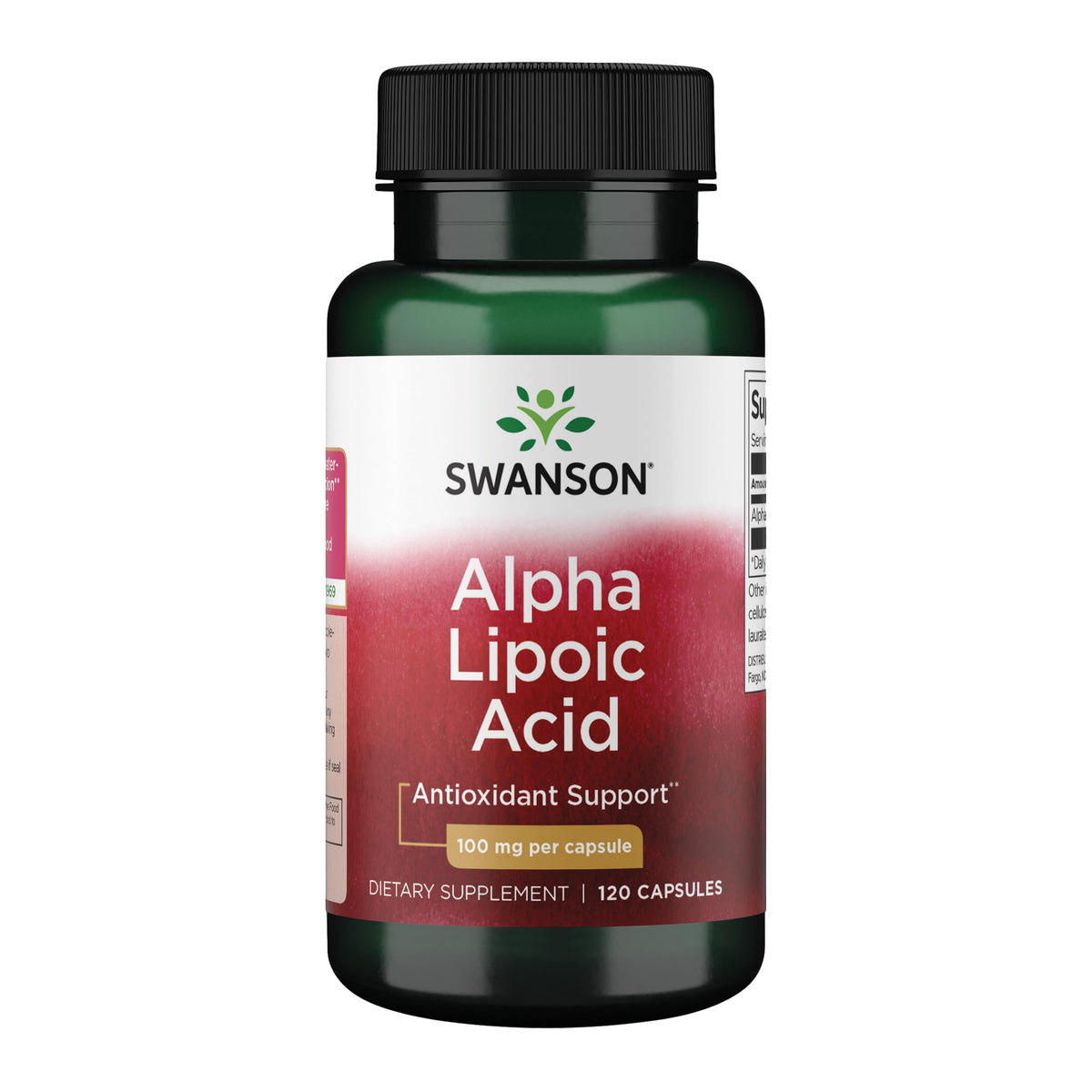 Front view of Swanson Alpha Lipoic Acid bottle with 120 capsules, 100 mg each