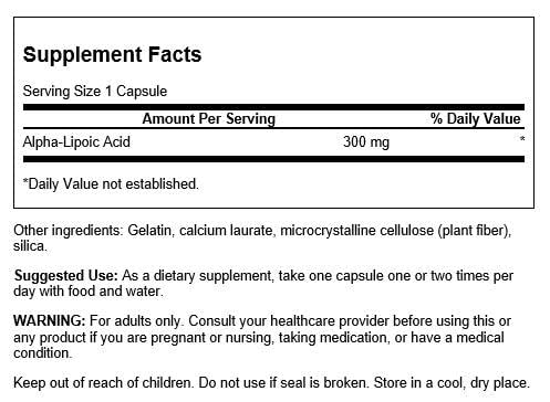 Label close-up of Swanson Alpha Lipoic Acid 300 mg