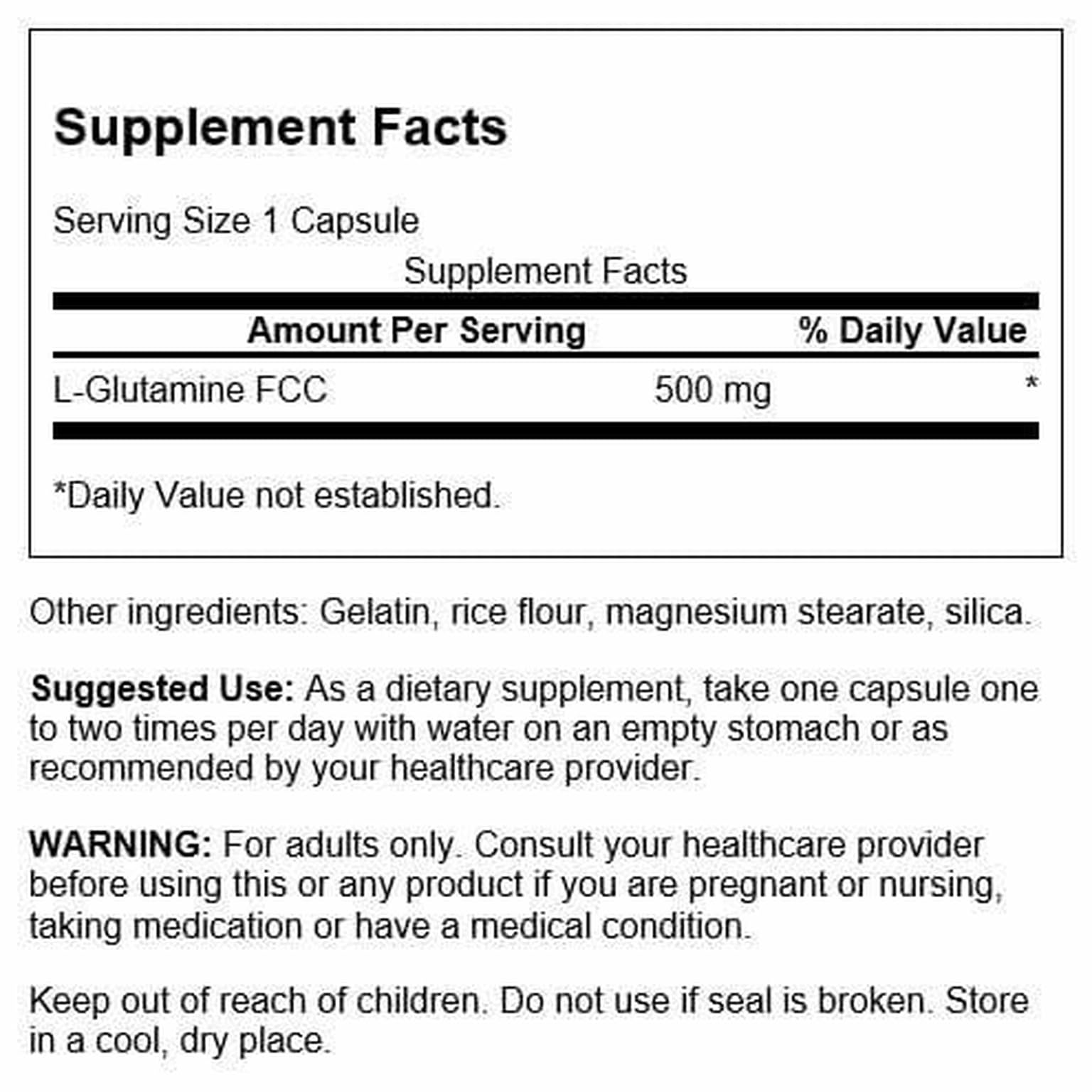 Close-up of Swanson L-Glutamine 500 mg bottle label