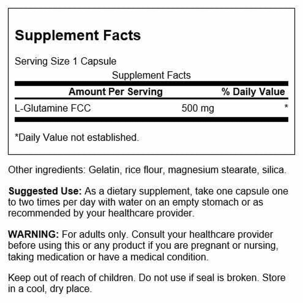 Close-up of Swanson L-Glutamine 500 mg bottle label