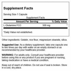 Close-up of Swanson L-Glutamine 500 mg bottle label