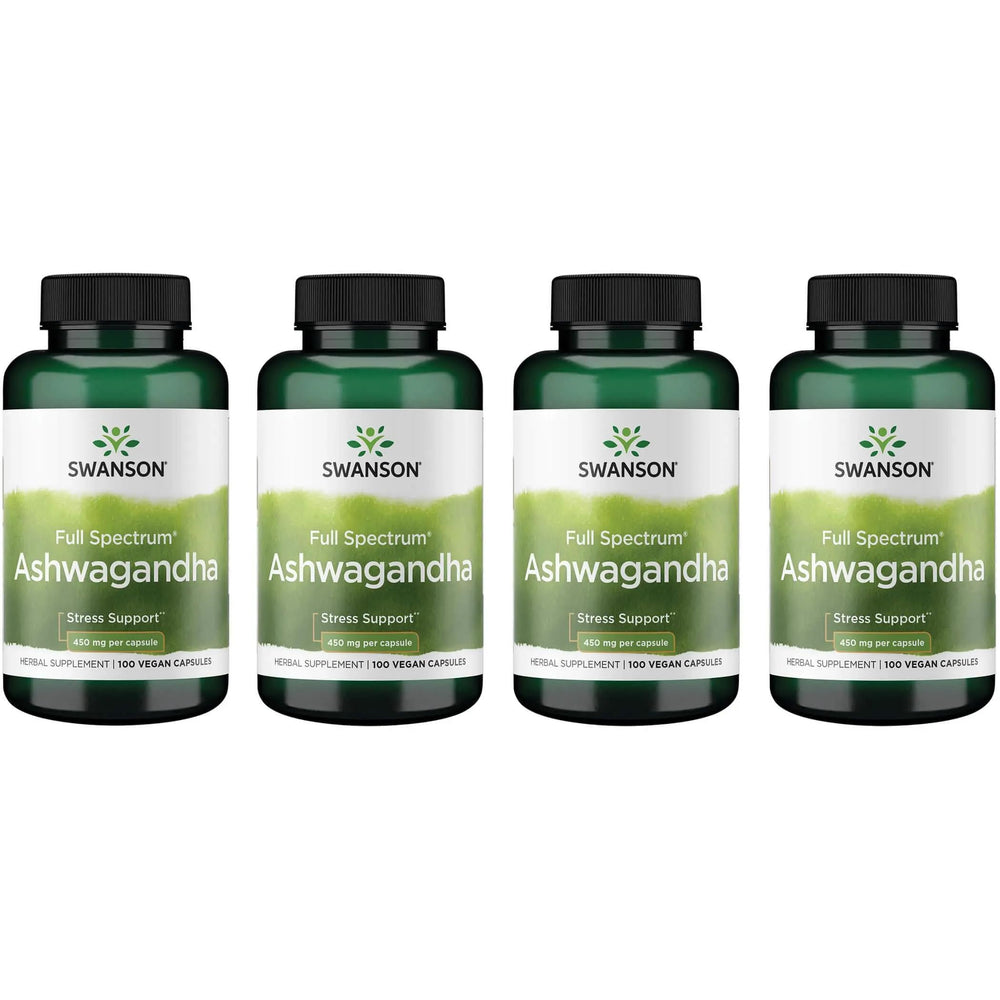 Swanson Ashwagandha Powder 4-pack bottle with 100 capsules
