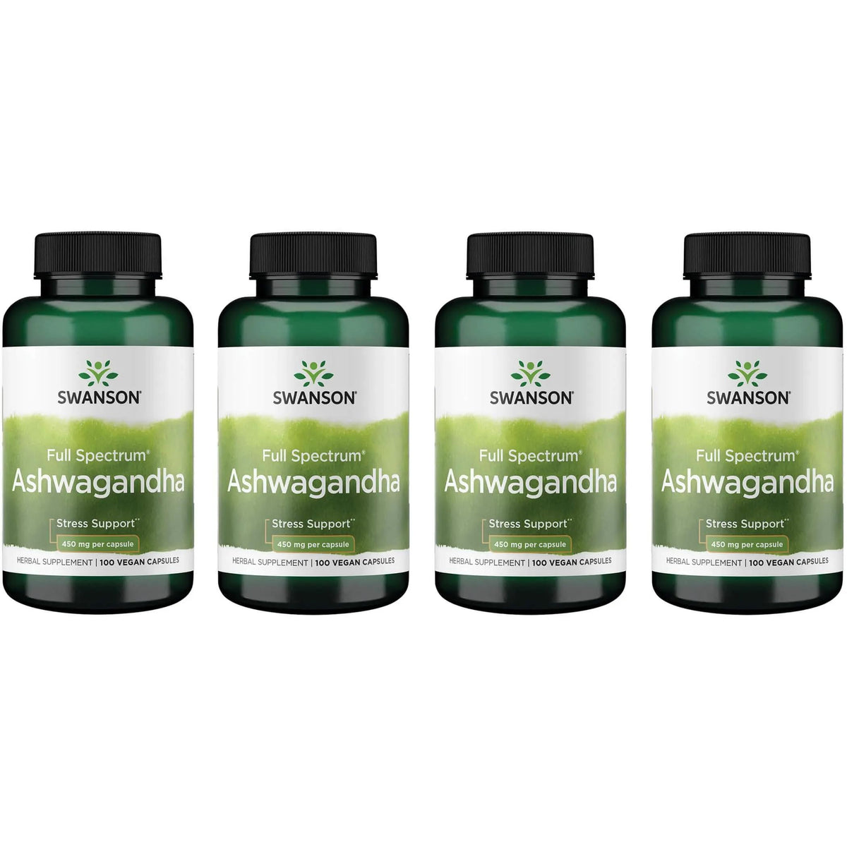 Swanson Ashwagandha Powder 4-pack bottle with 100 capsules