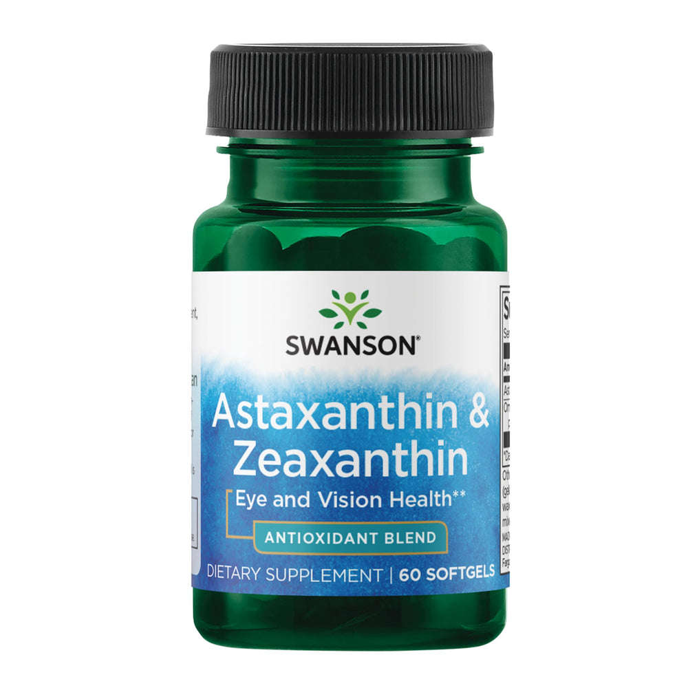 Swanson astaxanthin-zeaxanthin bottle highlights eye health support potential.