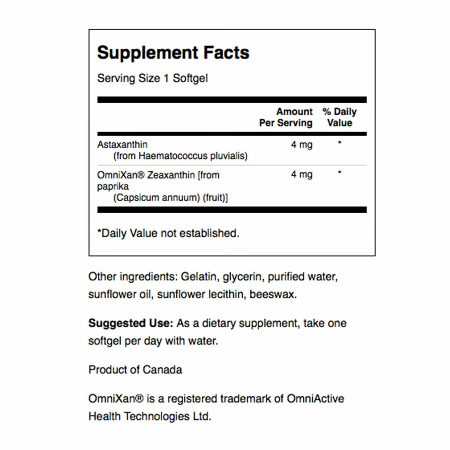 Swanson Astaxanthin & Zeaxanthin label showing 60 softgels
