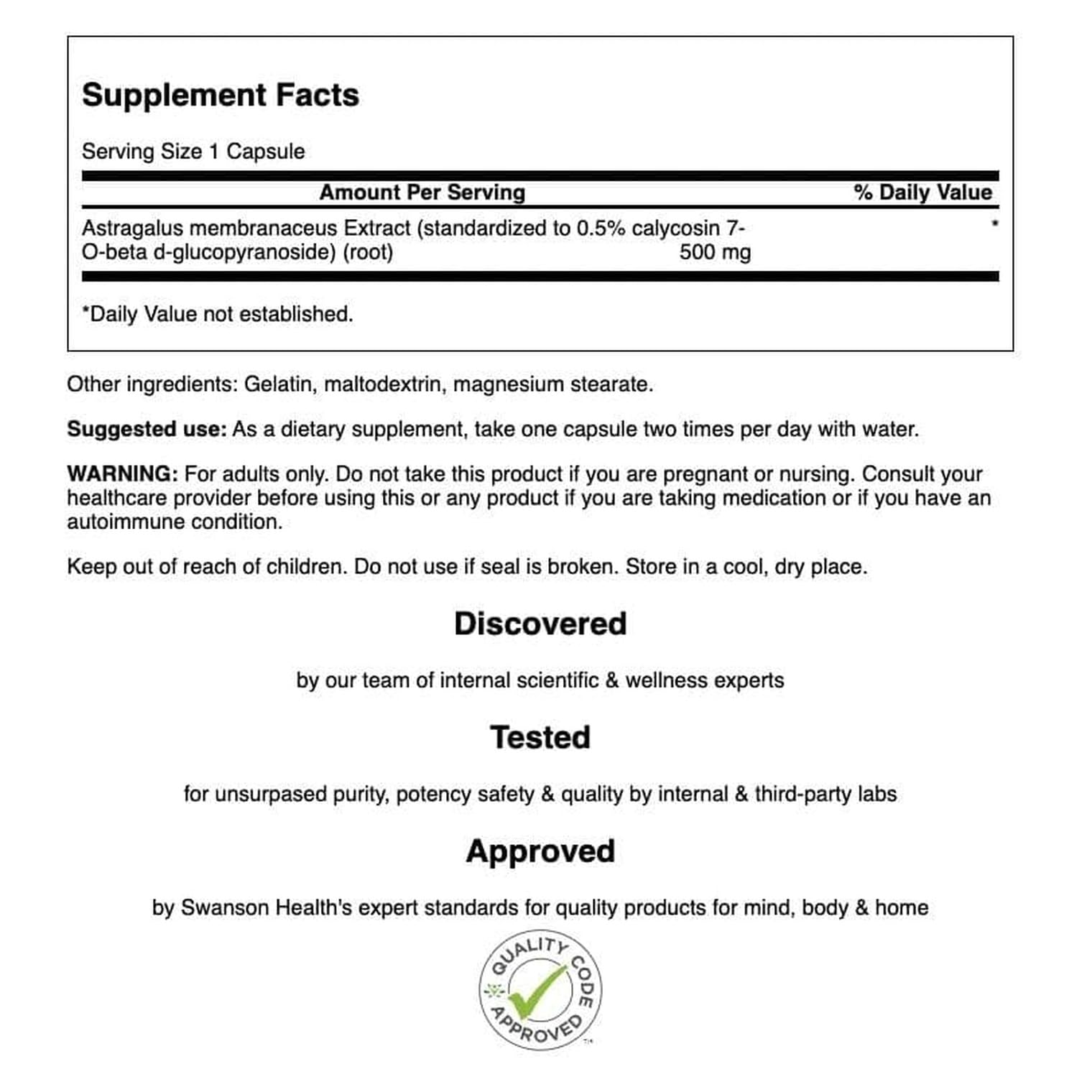 Astragalus 500 mg bottle label close-up