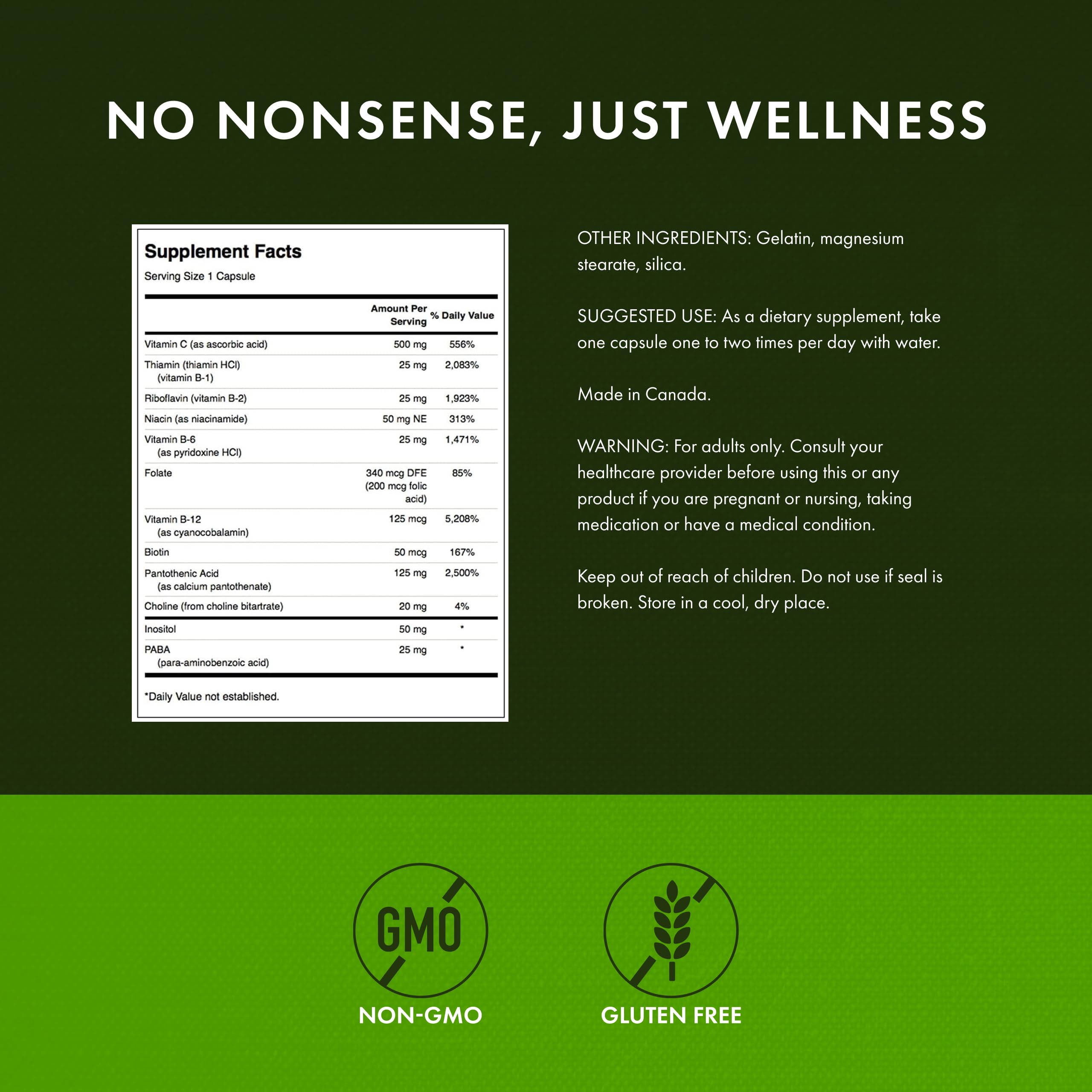 Swanson B-Complex label and vitamin C information