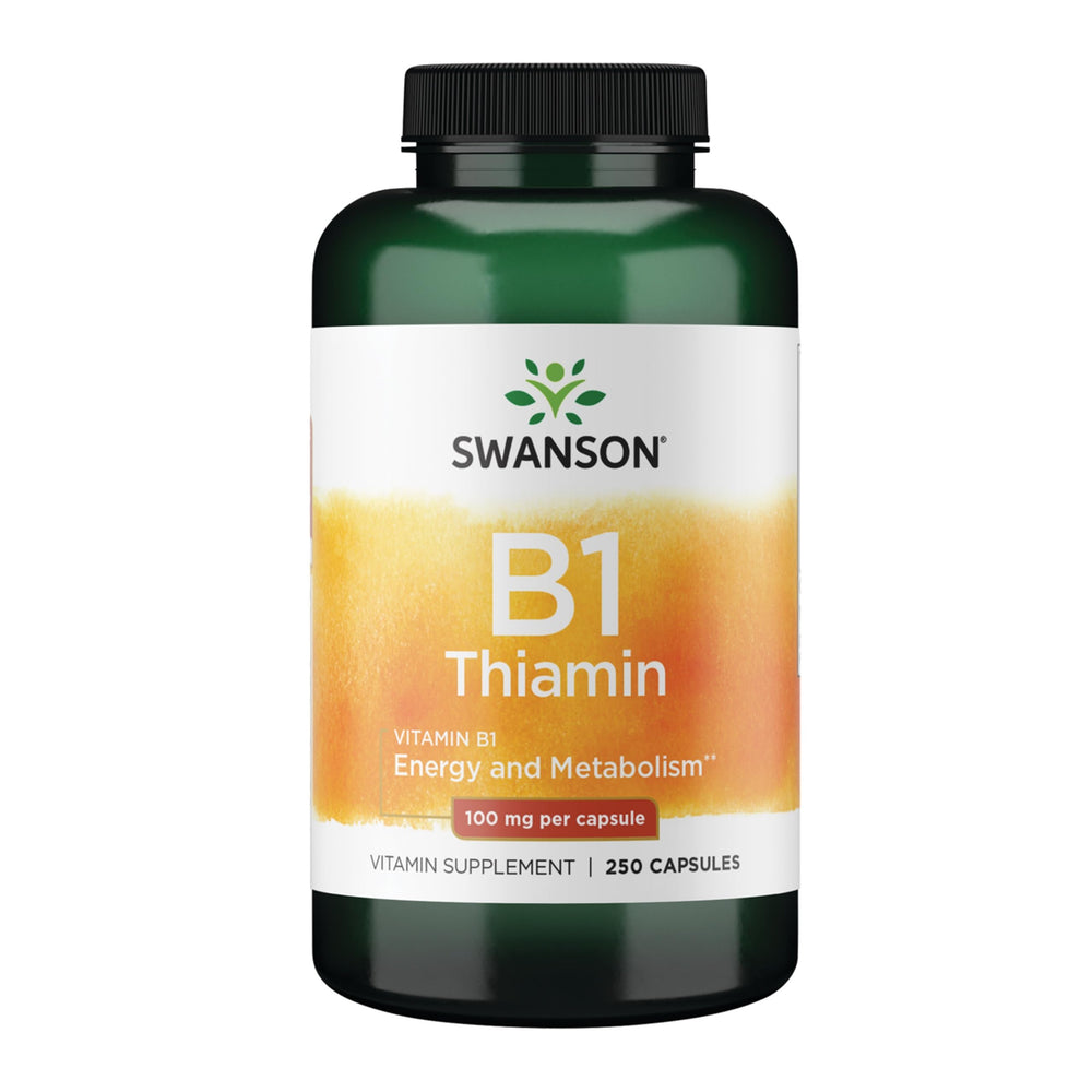 Swanson Vitamin B1 (Thiamin) bottle and capsules