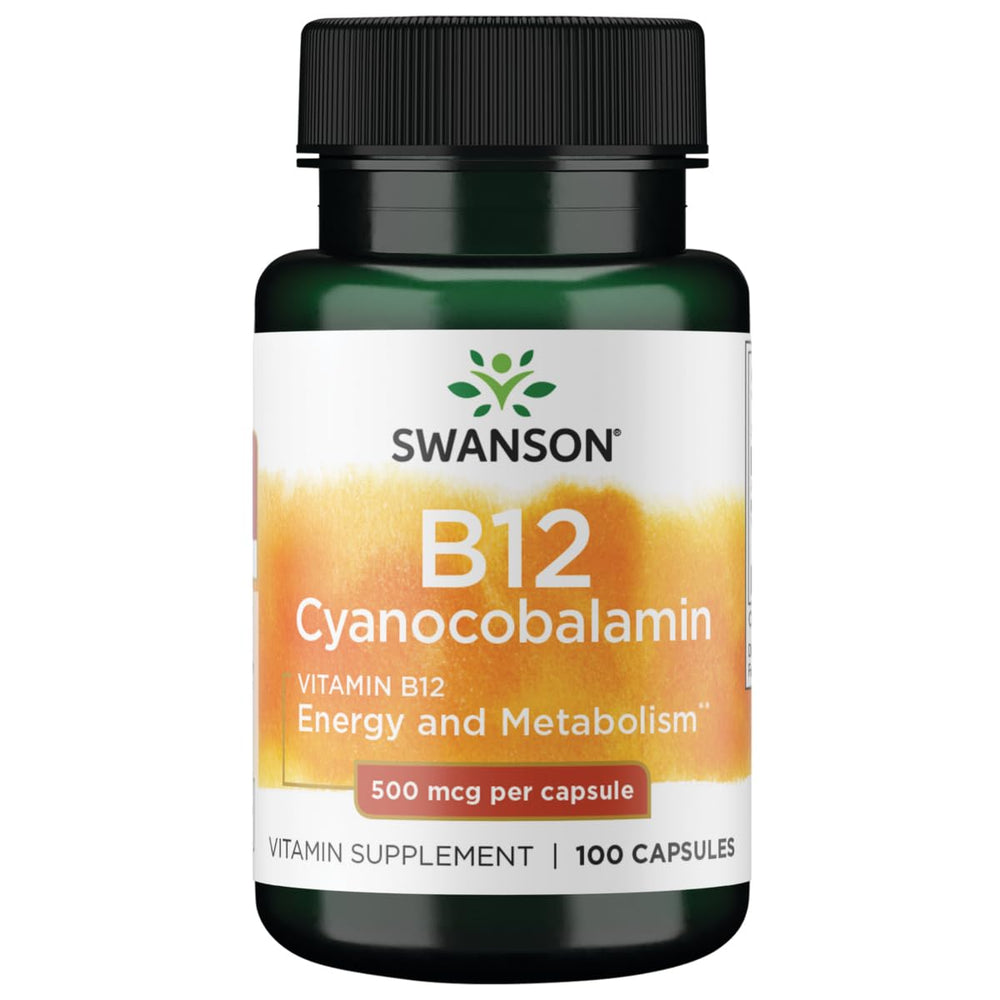 Bottle of Swanson Vitamin B-12 (Cyanocobalamin) 500 mcg 100 capsules