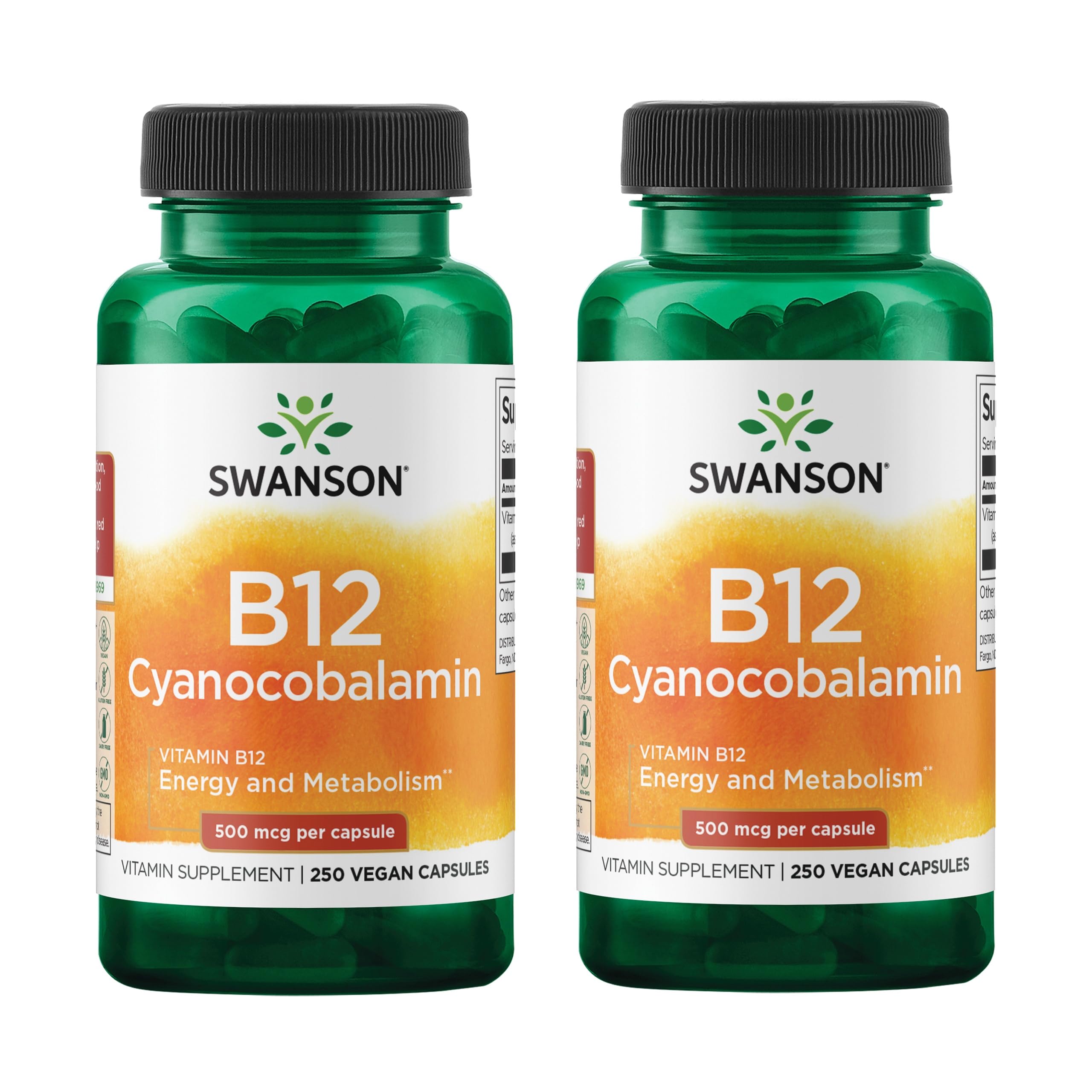 Bottled Swanson Vitamin B12 Cyanocobalamin 500 mcg, 250 capsules, 2-pack