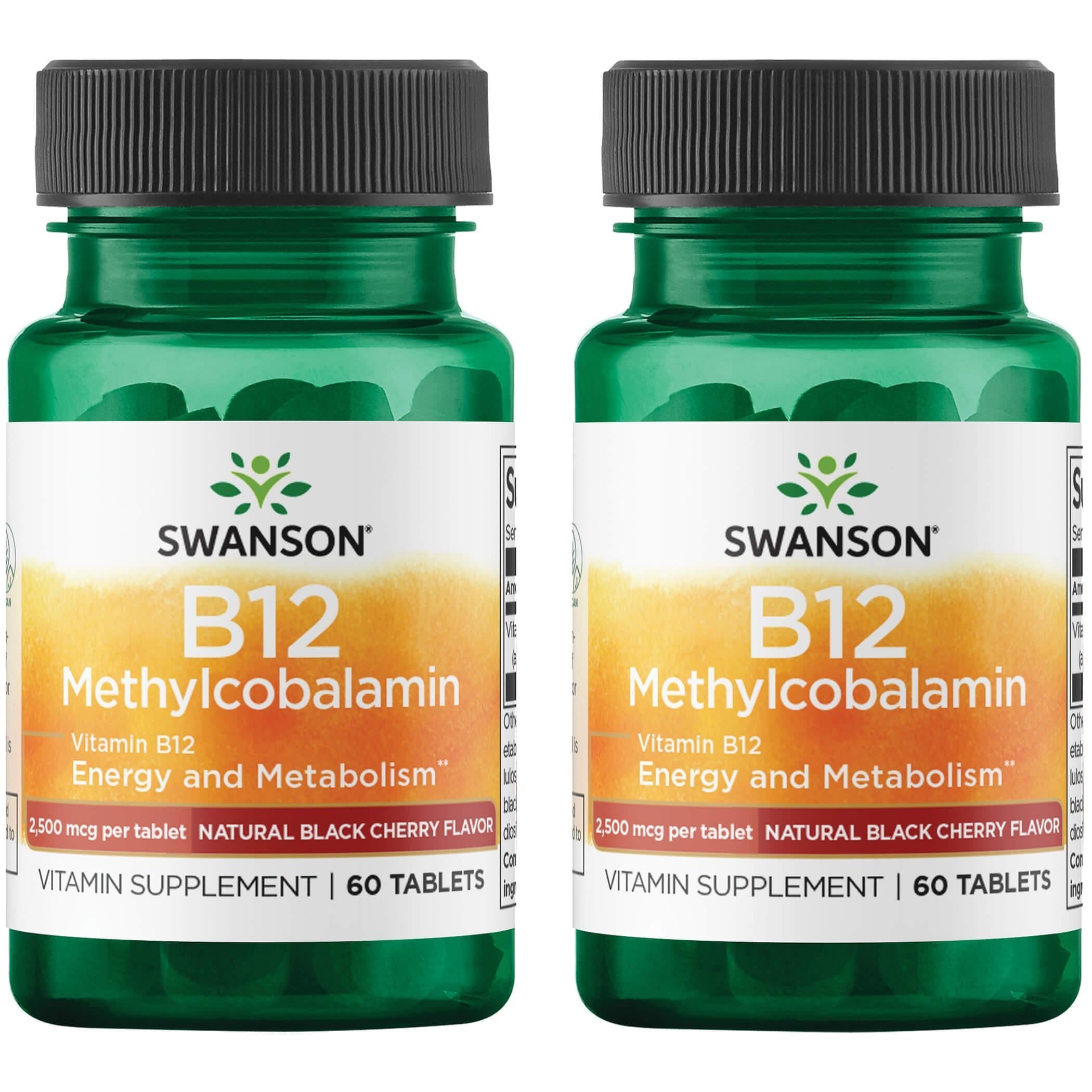 Swanson Vitamin B12 Methylcobalamin Black Cherry Flavor bottle with 60 tablets, 2-pack
