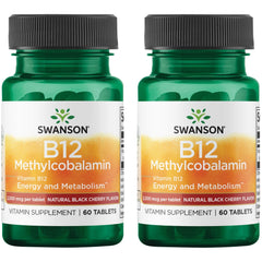 Swanson Vitamin B12 Methylcobalamin Black Cherry Flavor bottle with 60 tablets, 2-pack