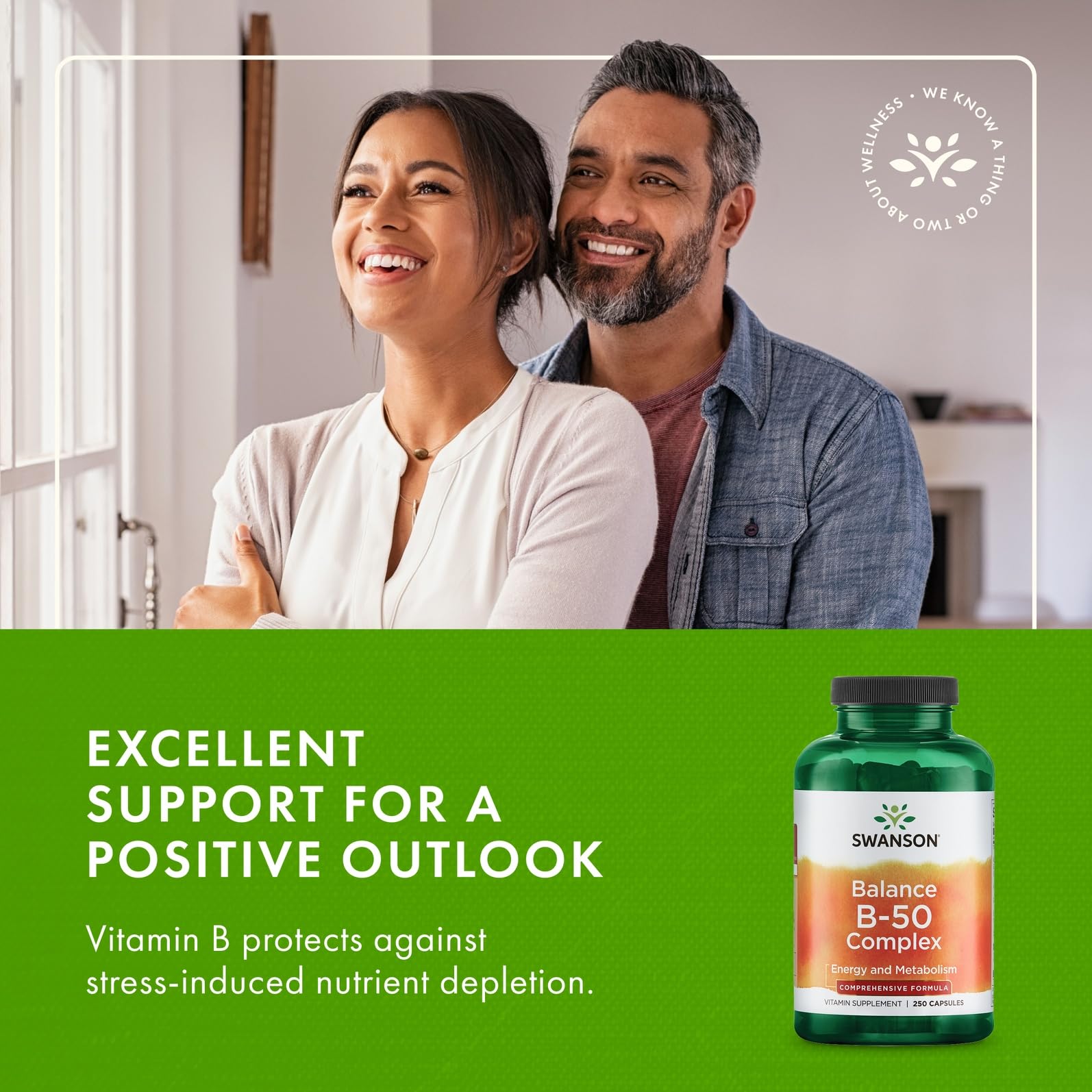 Swanson B-50 B-Complex bottle with lid on white surface