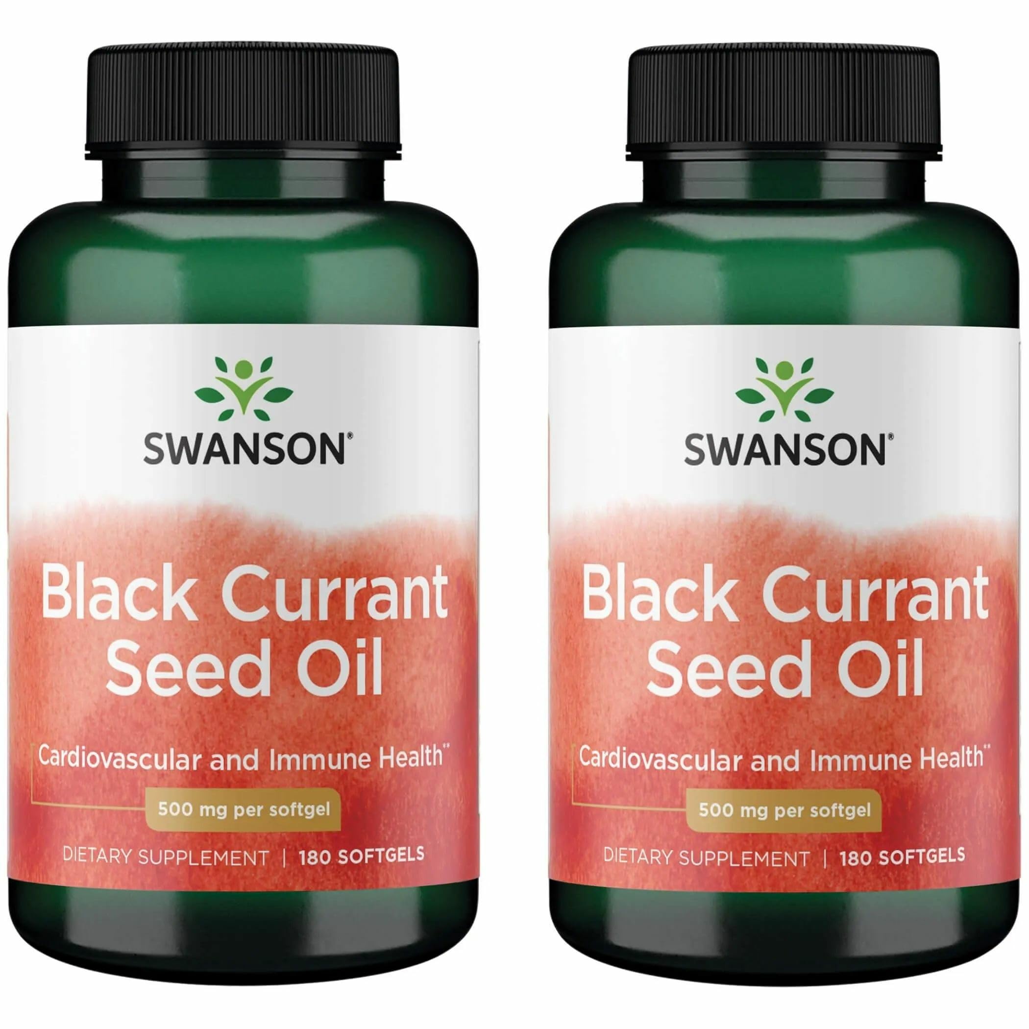 Front view of Swanson Black Currant Seed Oil bottle showing 180 softgels and 500mg