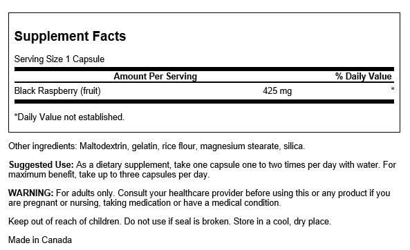 Close-up of Swanson Black Raspberry label on bottle showing 60 capsules
