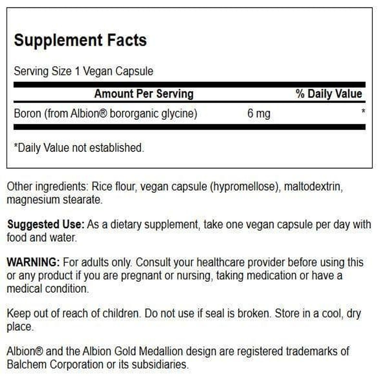 Close-up of Boroganic glycine boron formula label