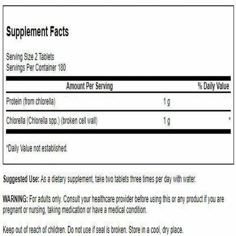 Chlorella tablets showing 500 mg dosage in bottle