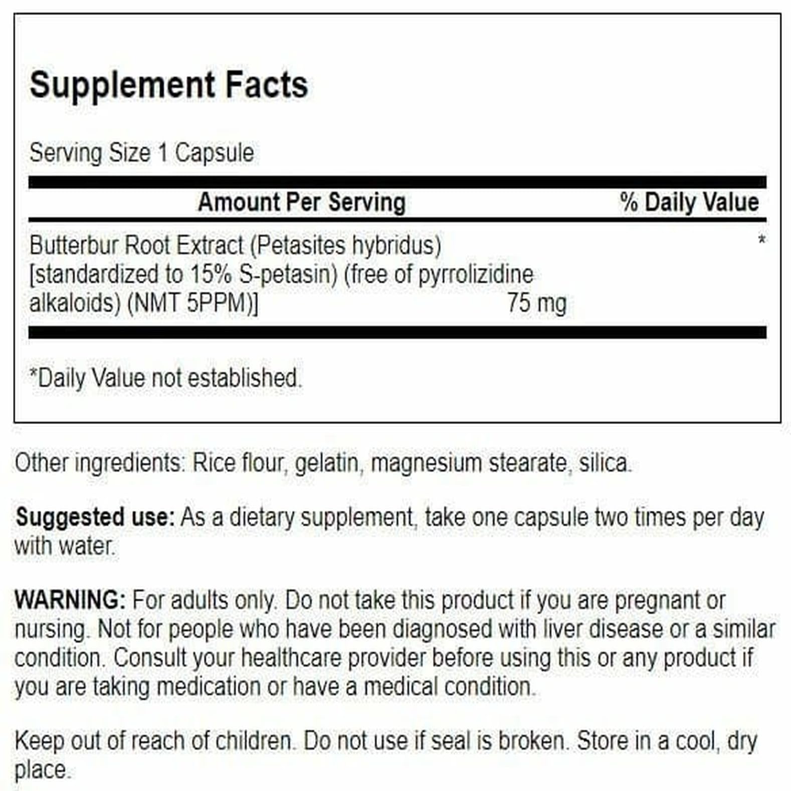 Close-up of Butterbur Extract 75 mg serving size with 60 capsules
