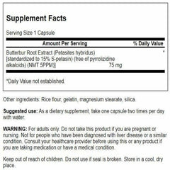 Close-up of Butterbur Extract 75 mg serving size with 60 capsules