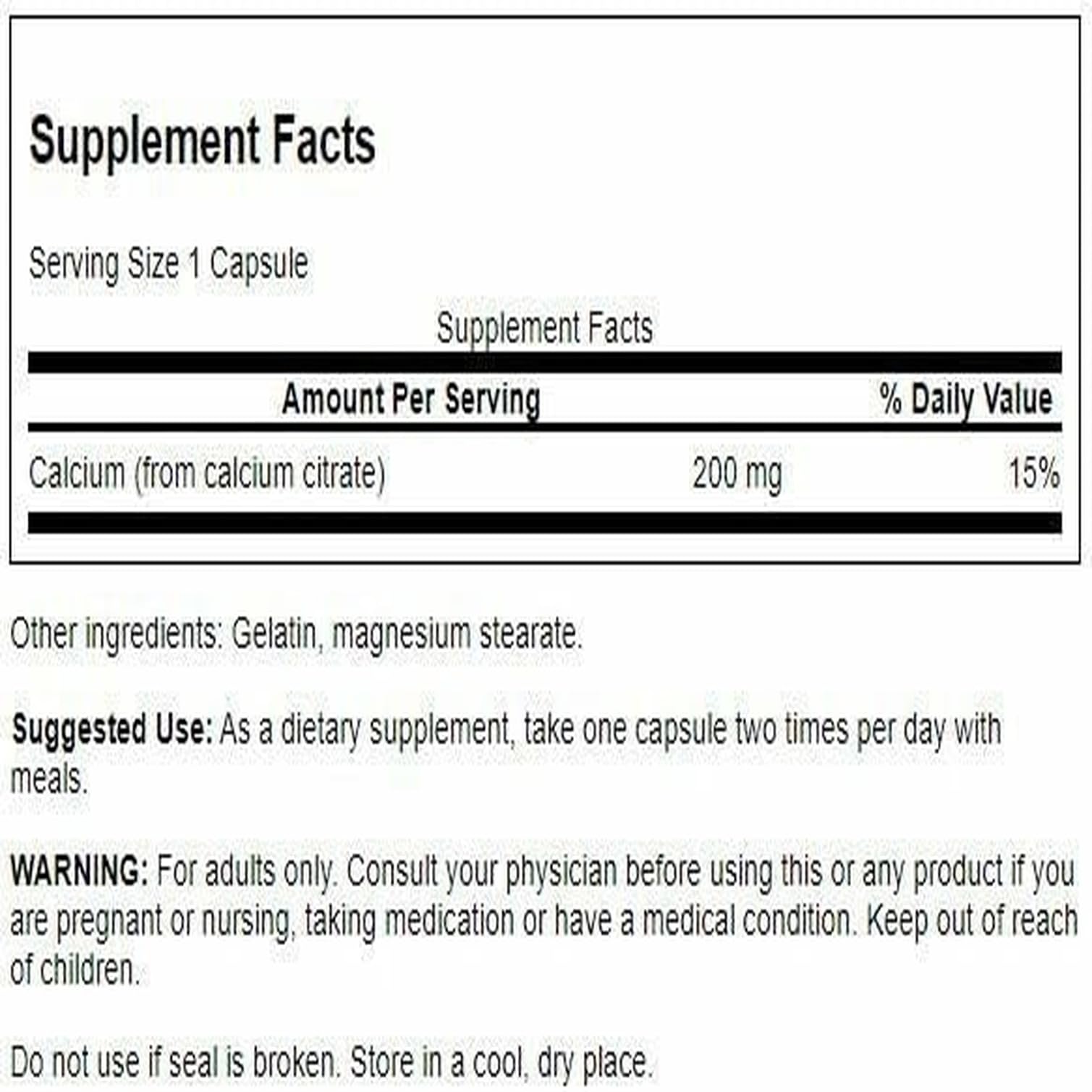 Close-up of Swanson Calcium Citrate 200 mg 60 capsules bottle label