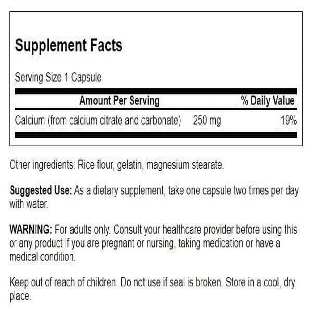 Supplement facts panel showing 325 mg calcium citrate and 175 mg calcium carbonate per 2 capsules