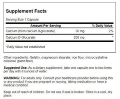 Close-up of Swanson Calcium D-Glucarate 250 mg bottle label
