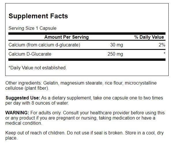 Swanson Calcium D-Glucarate ingredients label highlighting plant-based full-spectrum formula for purity and potency.