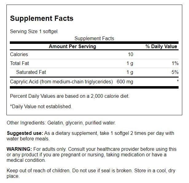 Close up of Swanson Caprylic Acid 600 mg bottle label