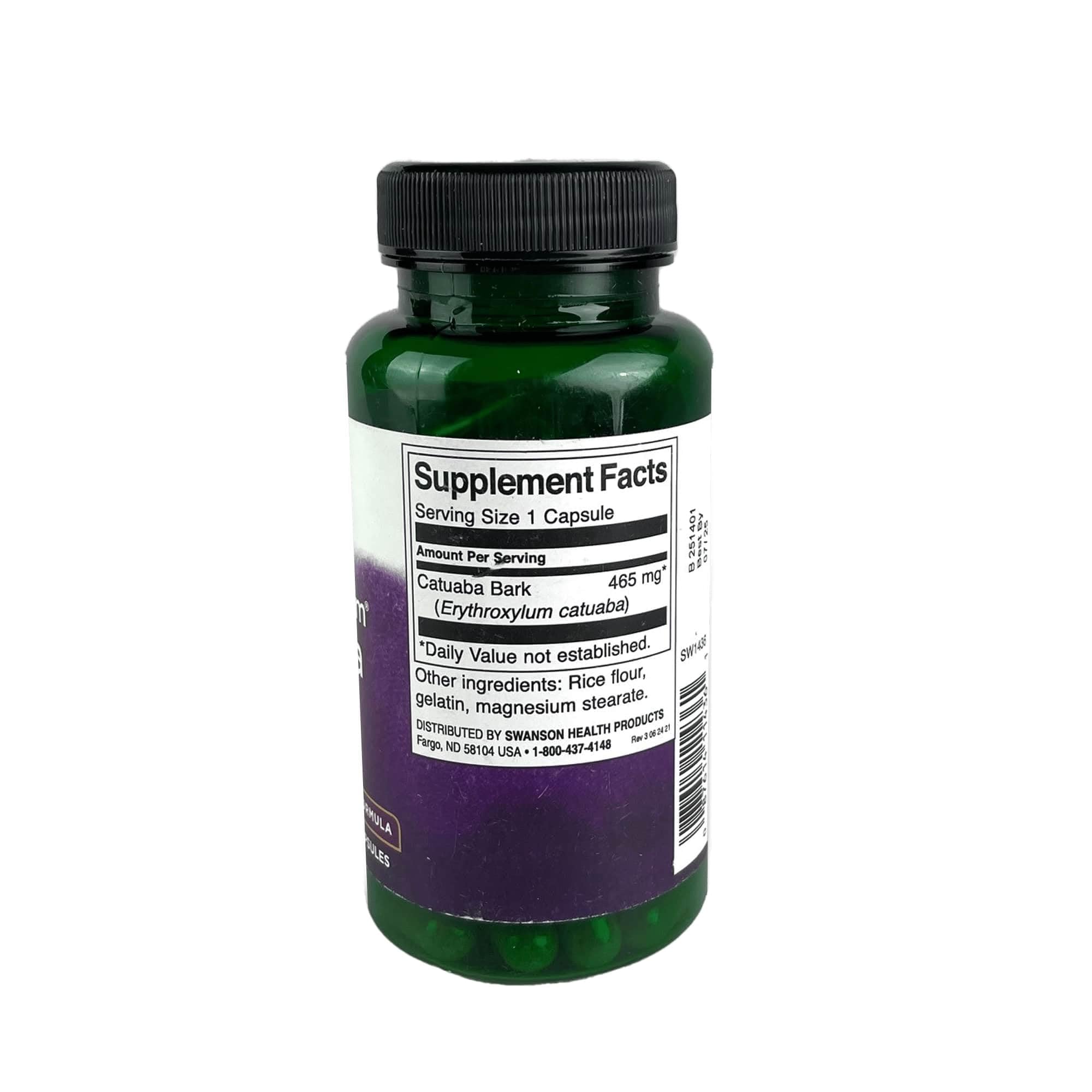 Supplement facts label for Swanson Catuaba Bark - 465 mg per capsule