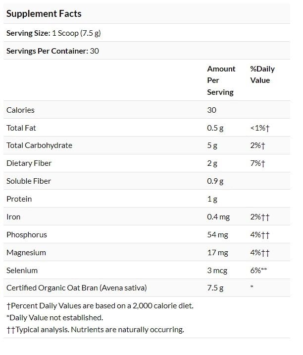 Oat bran fiber powder measuring scoop with 8 oz (227 g) label