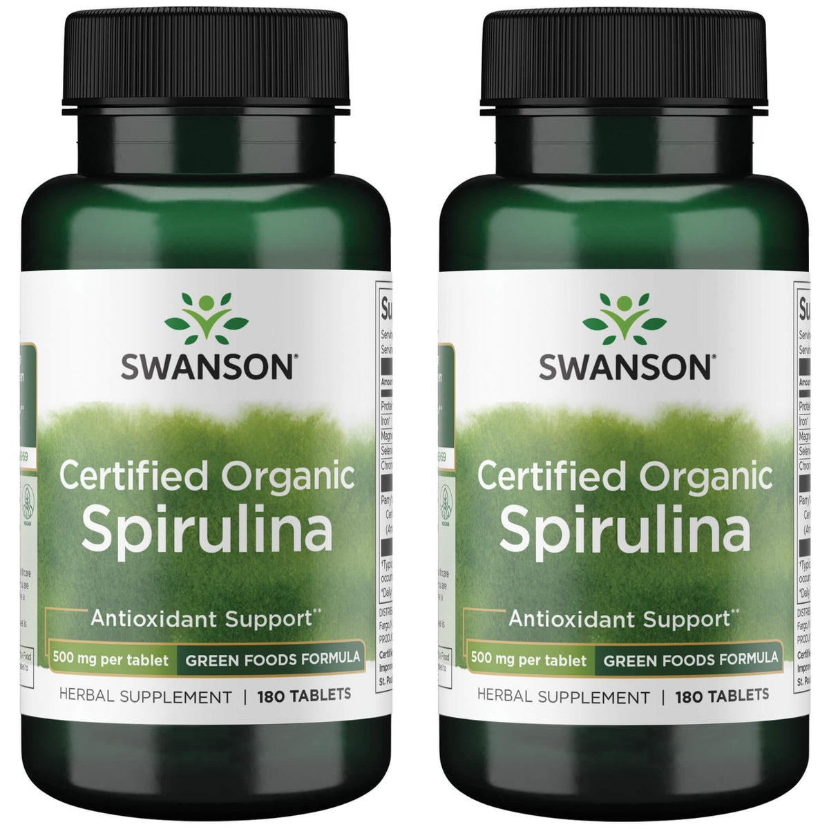 Swanson Certified Organic Spirulina 500 mg 180 Tabs (2 Pack) bottle