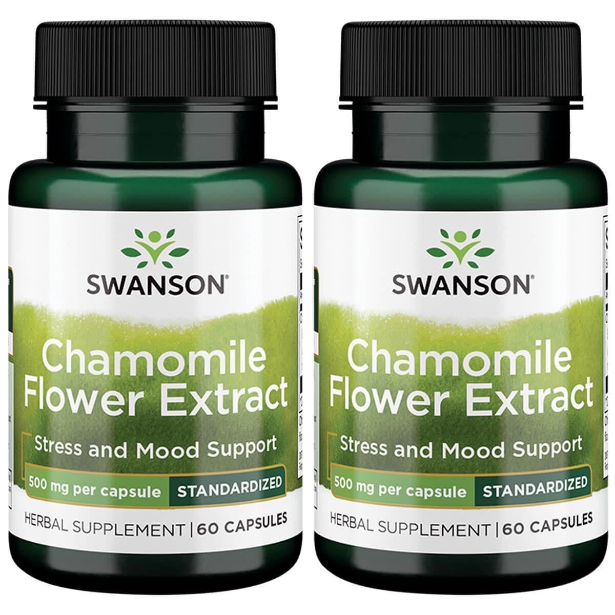 Swanson Chamomile Flower Extract bottle - 500 mg per capsule, 60 capsules, 2-pack, standardized 1.2% apigenin