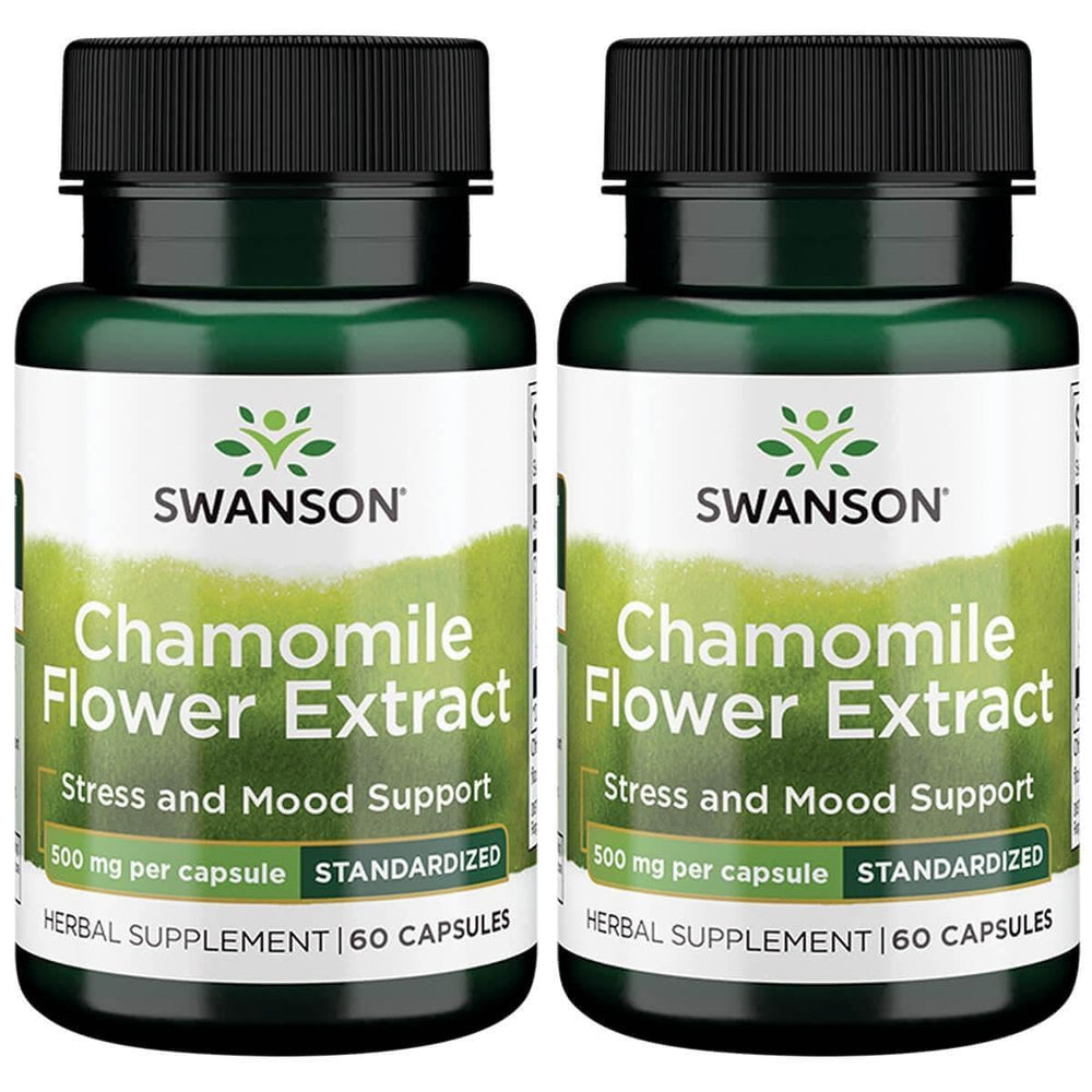 Swanson Chamomile Flower Extract bottle - 500 mg per capsule, 60 capsules, 2-pack, standardized 1.2% apigenin