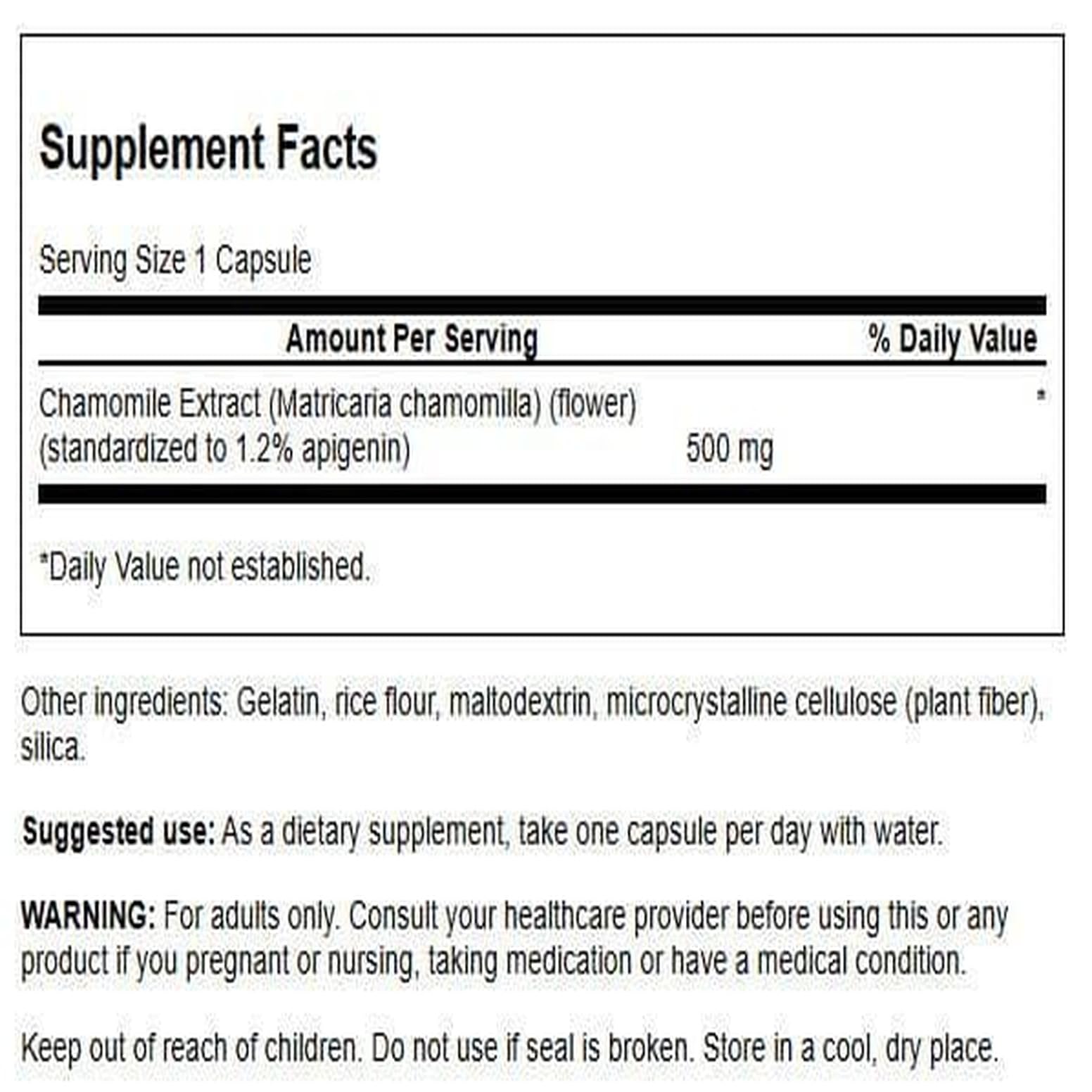 Close-up of Swanson chamomile extract capsules