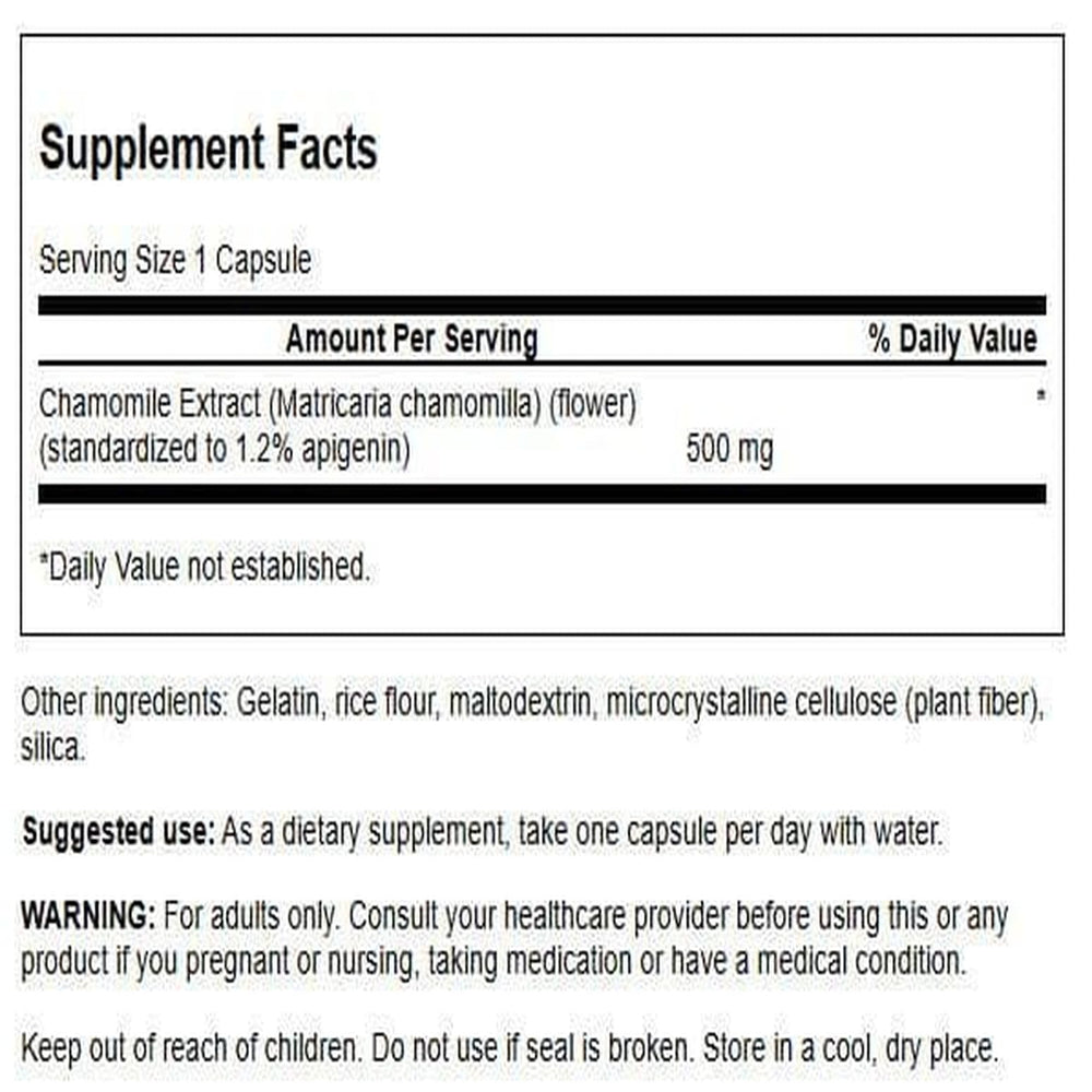 Close-up of Swanson chamomile extract capsules