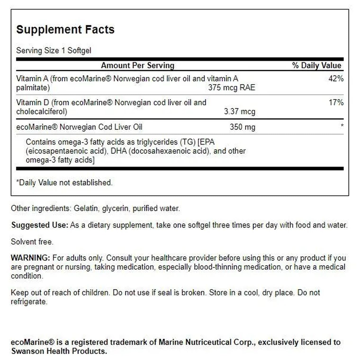Label showing 1250 IU Vitamin A and 135 IU Vitamin D per serving
